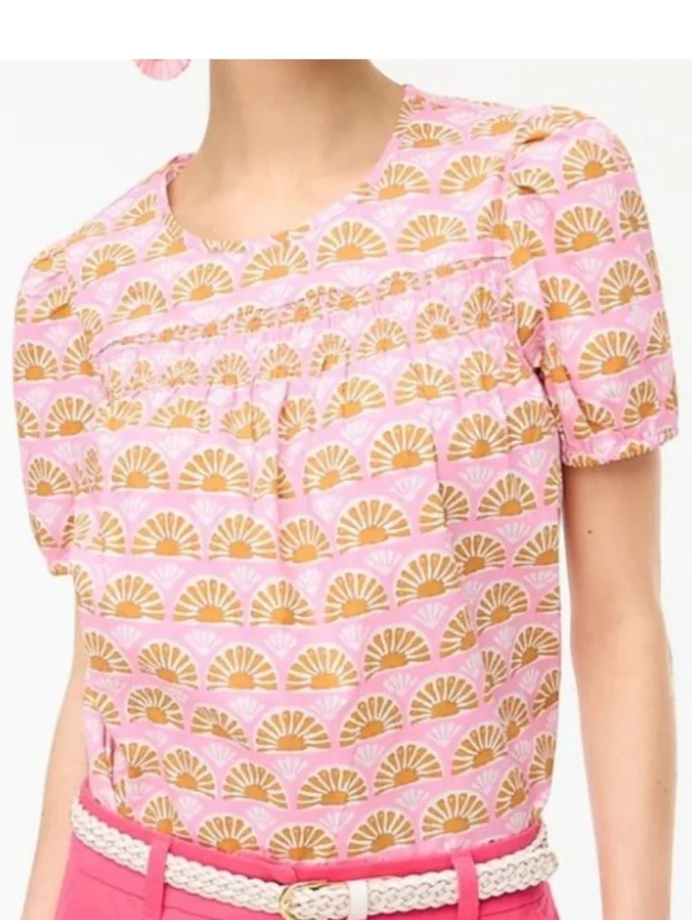 J.Crew Pink Puff-Sleeve Smocked Top with Sunburst Print, Size S